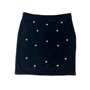 NWT SHEINBAE Black Velvet Mini Skirt with Pearl Embellishments Party Cocktail S‎